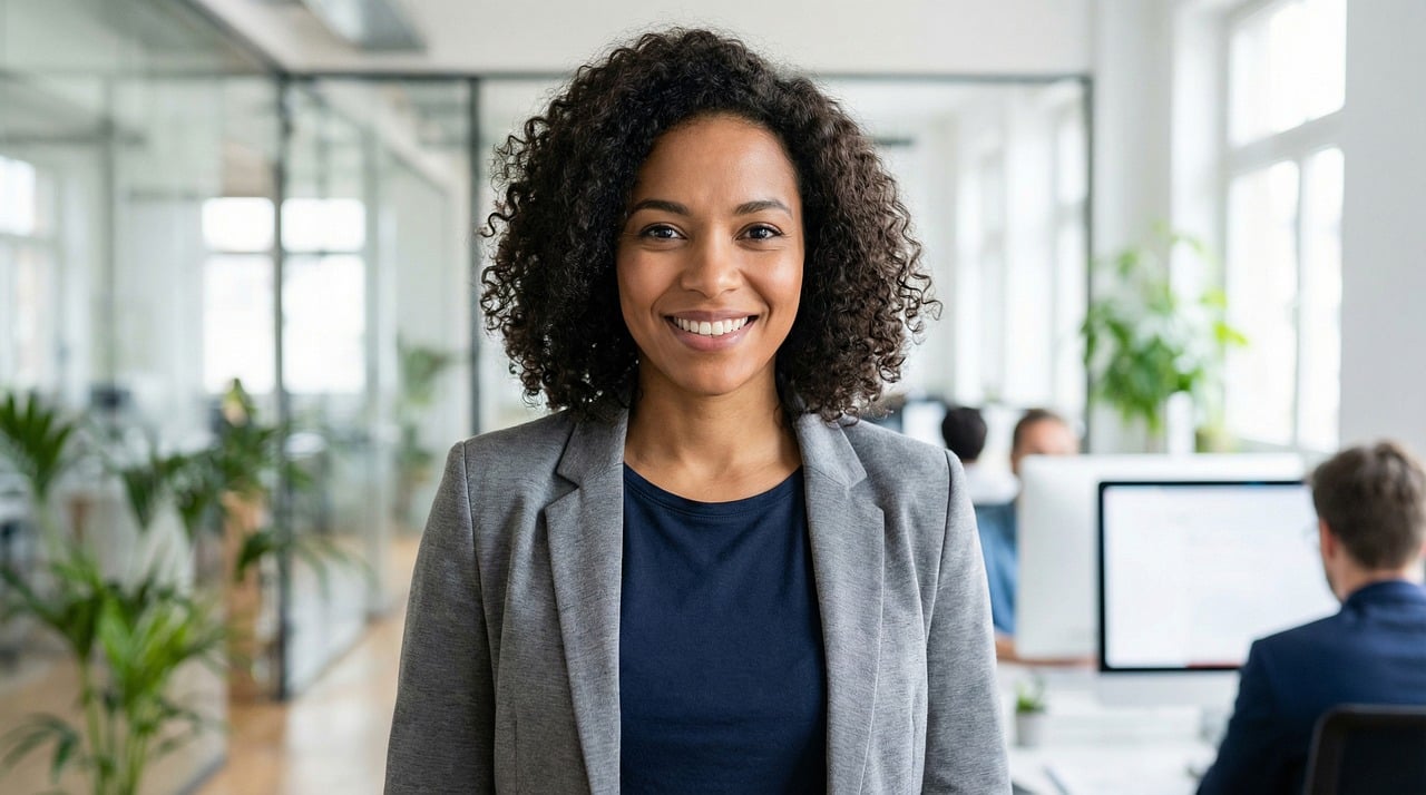 african american woman, businesswoman, office portrait, smiling, professional, corporate, confident, curly hair, modern office, workplace, diversity, inclusion, leader, entrepreneur, employee, adult, headshot, grey blazer, navy top, bright office, daylight, success, optimistic, ai generated